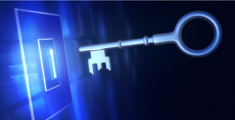 Glowing silver key poised before an illuminated keyhole on a blue, digital-style background.