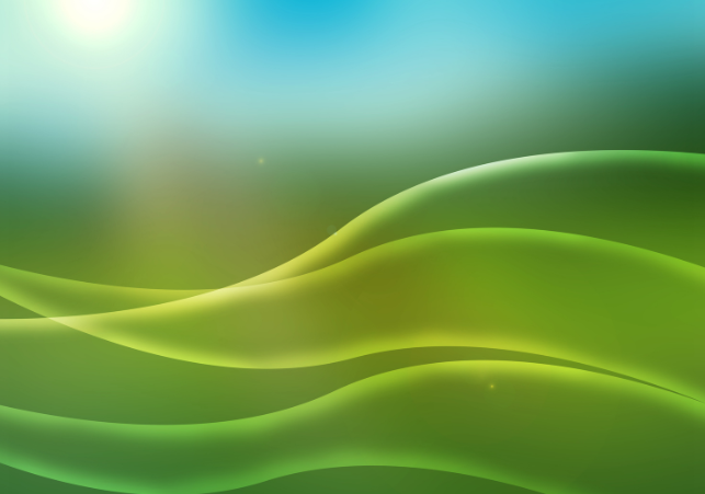 Abstract green wave shapes with a blue sky gradient in the background.