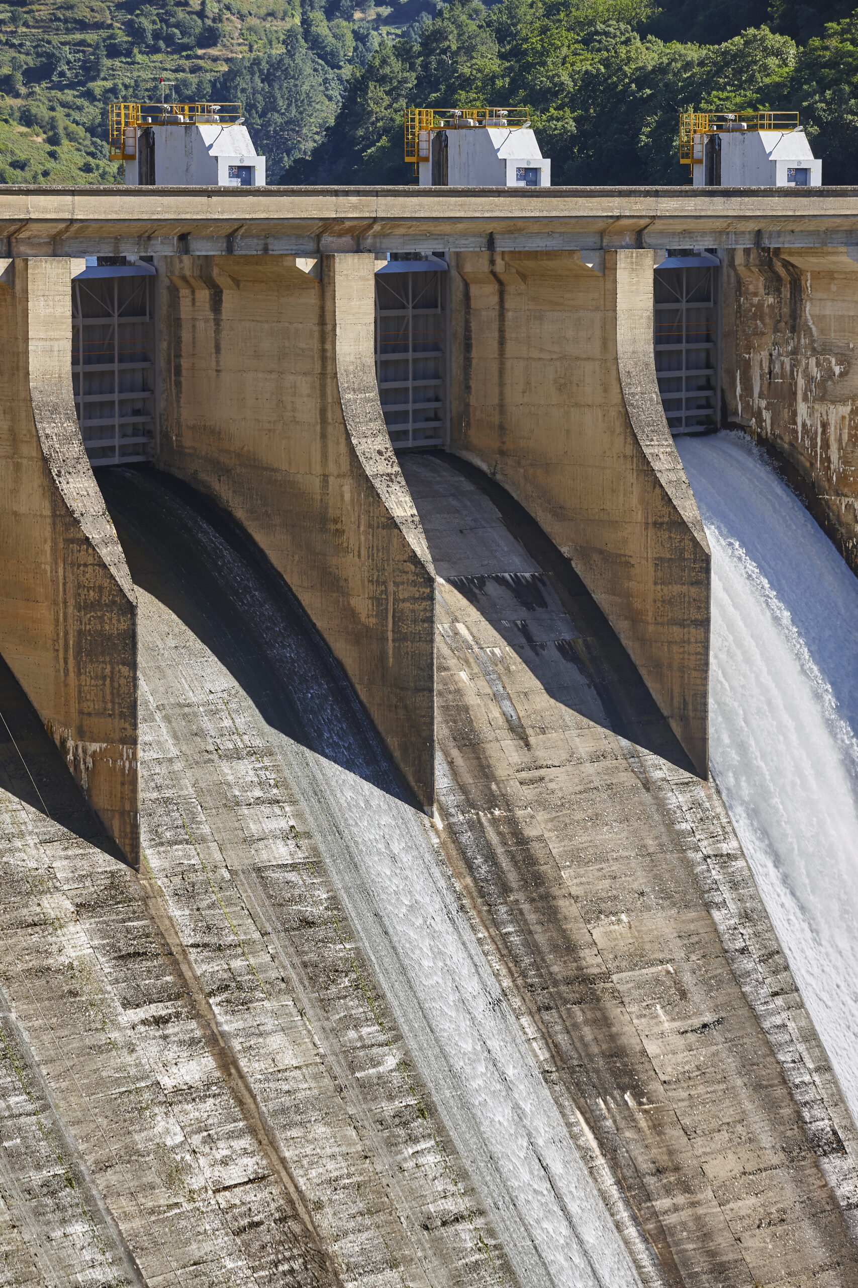 Dam floodgates on a hydropower reservoir.