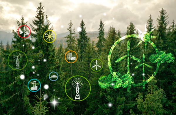 Illustration of renewable energy and sustainability icons over a forest background, including symbols for solar power, wind turbines, and communication towers.