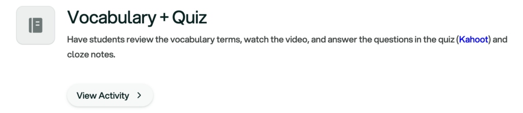 Vocabulary and Quiz activity card with Kahoot link